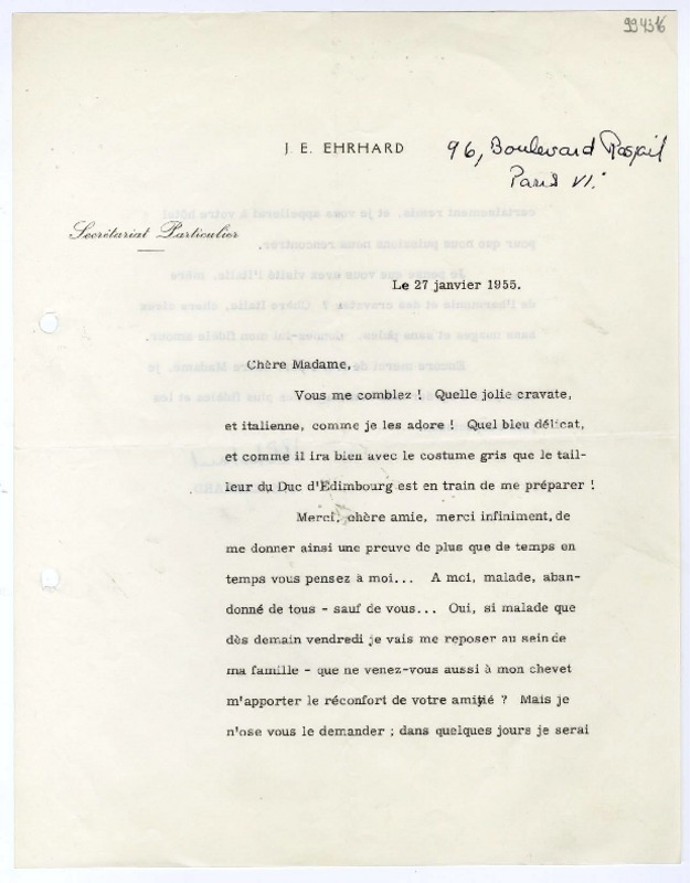 [Carta] 1955 janvier 27, Paris [a] Chere Madame  [manuscrito] J. E. Ehrhard.