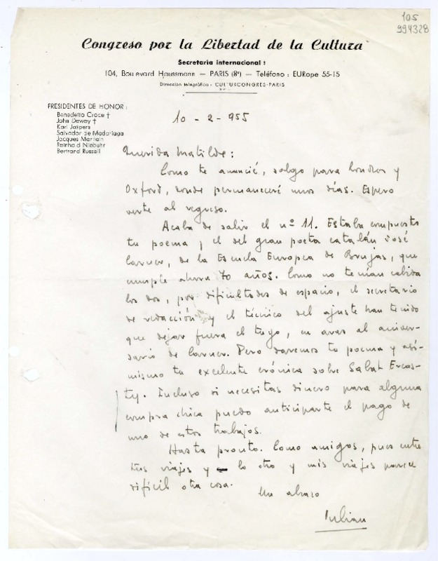 [Carta] 1955 febrero 10, Paris [a] Querida Matilde  [manuscrito] Julián.