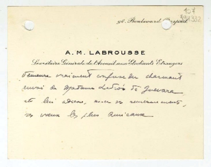 [Tarjeta] [1955] Paris [a] Matilde Ladrón de Guevara  [manuscrito] A. M. Labrousse.