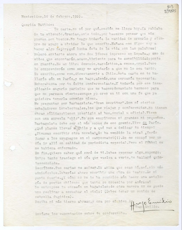 [Carta] 1955 febrero 16, Montevideo [a] Querida Matilde  [manuscrito] Hugo Emilio.