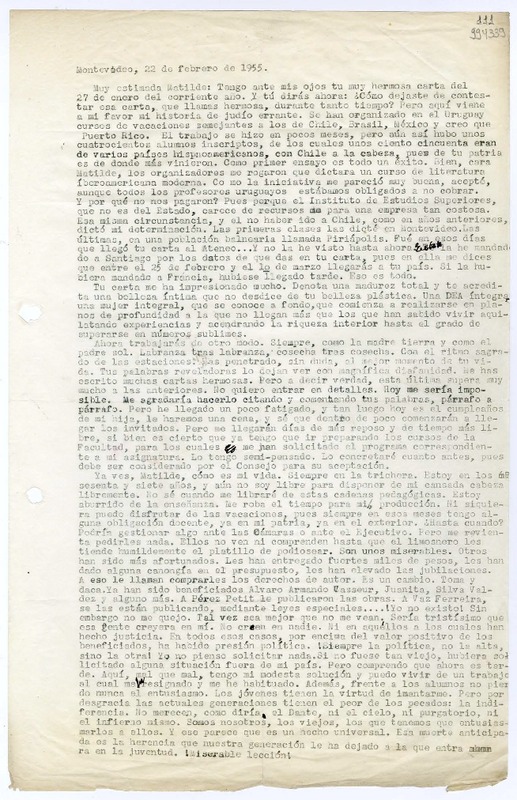 [Carta] 1955 febrero 22, Montevideo [a] Muy estimada Matilde  [manuscrito]