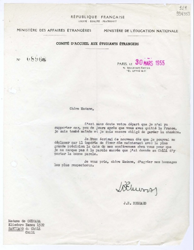 [Carta] 1955 marzo 30, Paris [a] Chere Madame  [manuscrito] J. E. Ehrhard.