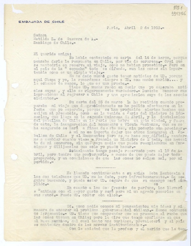[Carta] 1955 abril 2, Paris [a] Matilde L. de Guevara de A., Santiago de Chile  [manuscrito] Juan Bautista Rossetti.