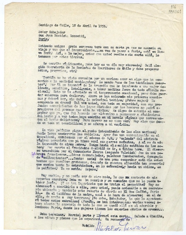 [Carta] 1955 abril 18, Santiago de Chile [a] Señor Embajador Don Juan Bautista Rossetti, Paris  [manuscrito] Matilde Guevara.