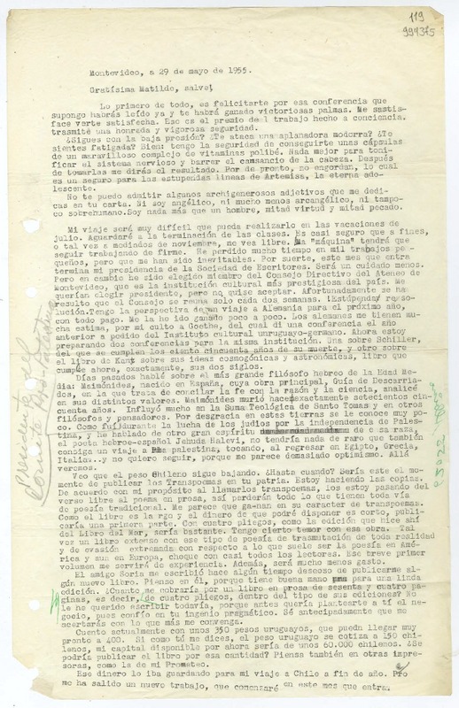[Carta] 1955 mayo 29, Montevideo [a] Gratísima Matilde  [manuscrito] [Hugo Emilio Pedemonte].