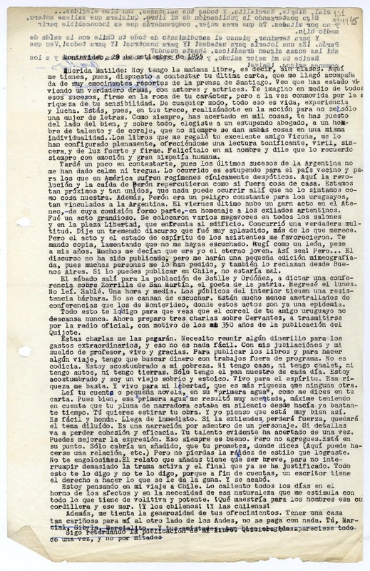 [Carta] 1955 septiembre 29, Montevideo [a] Querida Matilde  [manuscrito] Carlos [Sabat Ercasty].