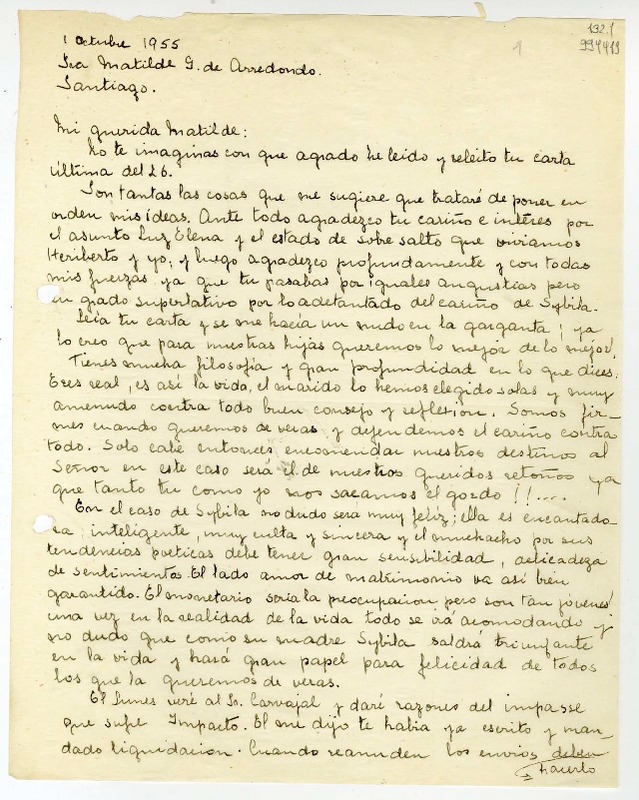 [Carta] 1955 octubre 1, [Chile] [a] Matilde G. de Arredondo, Santiago  [manuscrito] Olga.