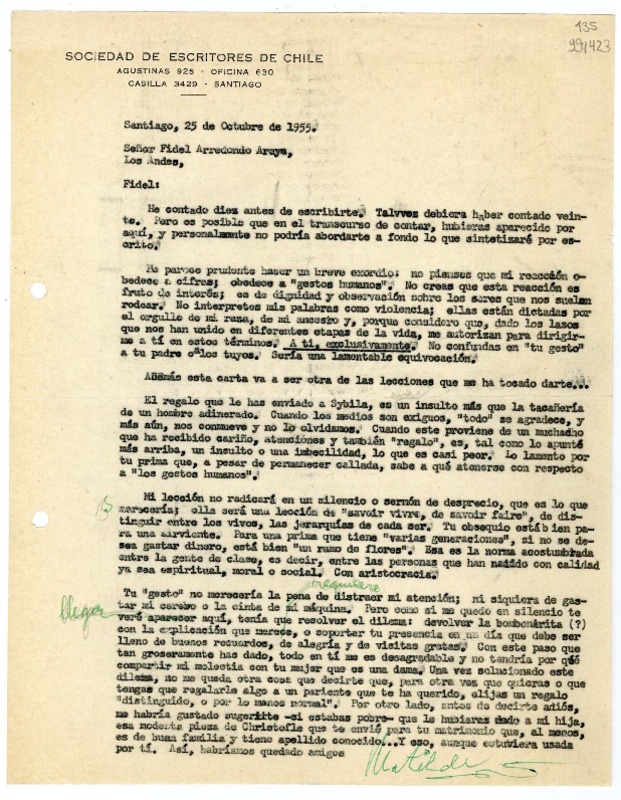 [Carta] 1955 octubre 25, Santiago [a] Fidel Arredondo Araya, Los Andes  [manuscrito] Matilde [Ladrón de Guevara].