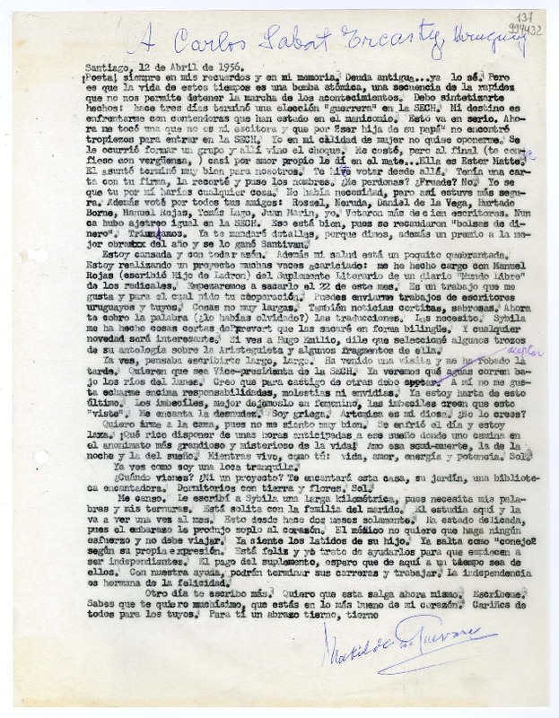 [Carta] 1956 abril 12, Santiago, [Chile] [a] Carlos Sabat Ercasty, Uruguay  [manuscrito] Matilde de Guevara.