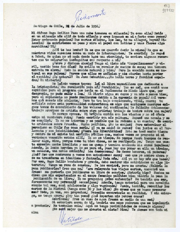 [Carta] 1956 julio 24, Santiago de Chile [a] Mi difuso Hugo Emilio  [manuscrito] Matilde [Ladrón de Guevara].