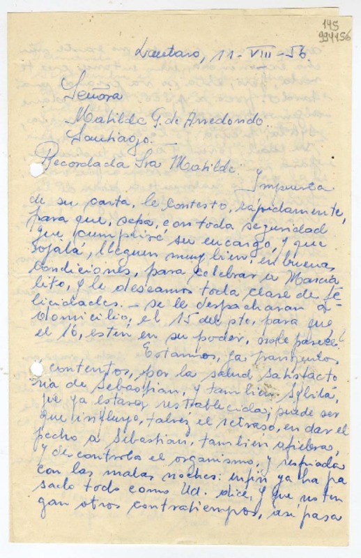 [Carta] 1956 agosto 11, Lautaro, Chile [a] Matilde G. de Arredondo, Santiago  [manuscrito] Sara.
