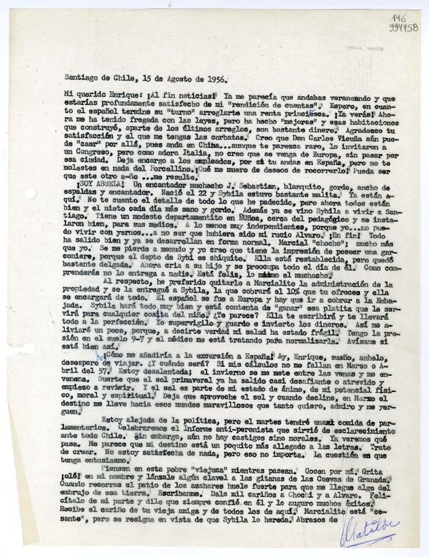 [Carta] 1956 agosto 15, Santiago de Chile [a] Mi querido Enrique  [manuscrito] Matilde [Ladrón de Guevara].