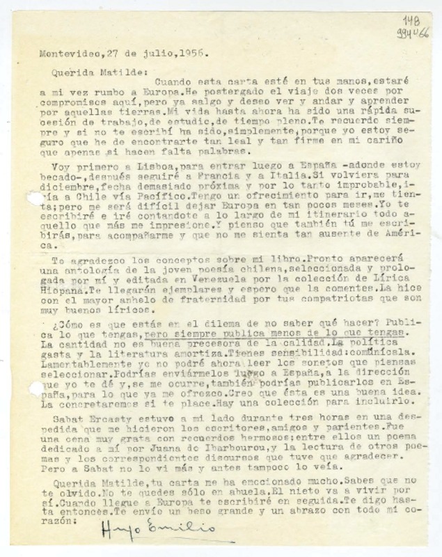 [Carta] 1956 julio 27, Montevideo [a] Querida Matilde  [manuscrito] Hugo Emilio.