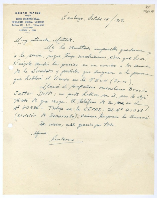 [Carta] 1956 octubre 15, Santiago [a] Muy estimada Matilde  [manuscrito] Guillermo [Urbina Vásquez].