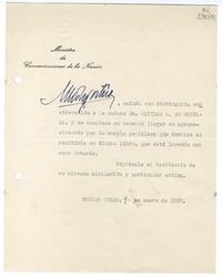 [Carta] 1957 enero 8, Buenos Aires [a] Matilde Ladrón de Guevara  [manuscrito] Ministro de Comunicaciones de la Nación.