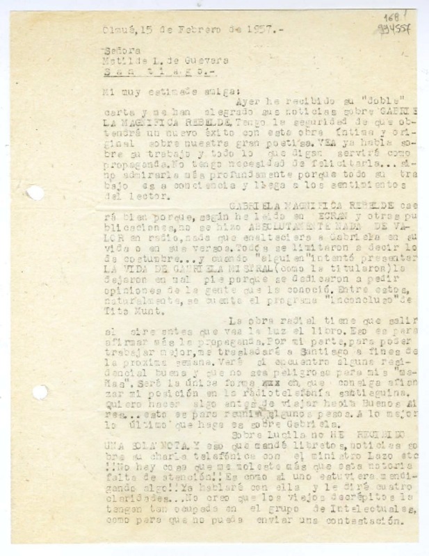 [Carta] 1957 febrero 15, Olmué, Chile [a] Matilde L. de Guevara, Santiago  [manuscrito] Miguel Espinoza Miguens.