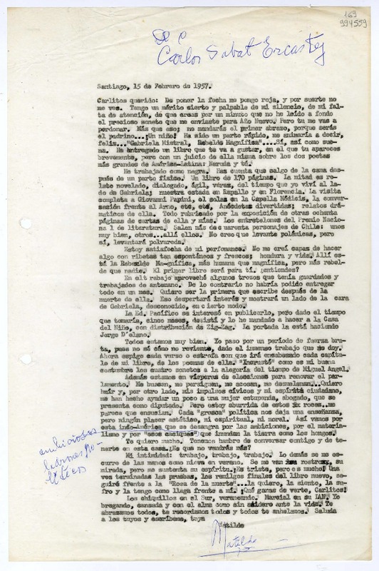 [Carta] 1957 febrero 15, Santiago, Chile [a] Carlitos querido  [manuscrito] Matilde [Ladrón de Guevara].