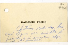 [Tarjeta] [1957], Santiago [a] Matilde Ladrón de Guevara  [manuscrito] Radomir Tomic.