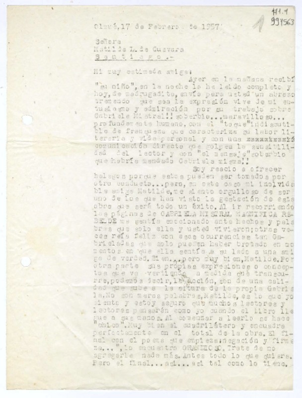 [Carta] 1957 febrero 17, Olmué, Chile [a] Matilde L. de Guevara, Santiago  [manuscrito] Miguel Espinoza Miguens.