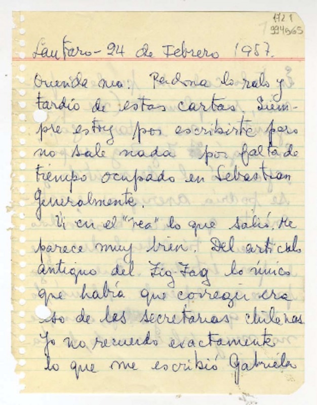 [Carta] 1957 febrero 24, Lautaro, Chile [a] querida ma [Matilde Ladrón de Guevara]  [manuscrito] Sybila [Arredondo].