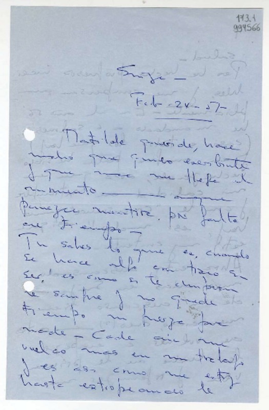 [Carta] 1957 febrero 24, Suiza [a] Matilde querida  [manuscrito] Beba.