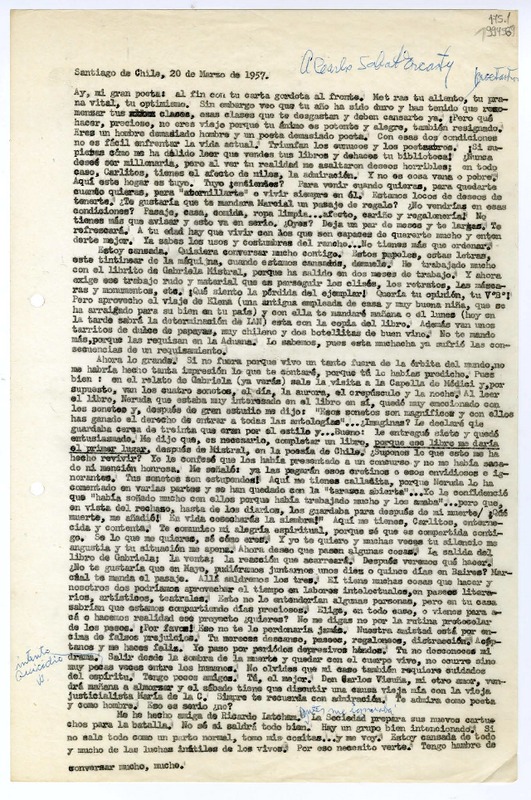 [Carta] 1957 marzo 20, Santiago de Chile [a] Mi gran poeta [Carlos Sabat]  [manuscrito] Matilde [Ladrón de Guevara].