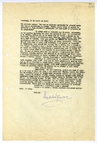 [Carta] 1957 abril 16, Santiago [a] Mi estimado amigo [Carlos Sabat]  [manuscrito] Matilde Guevara.