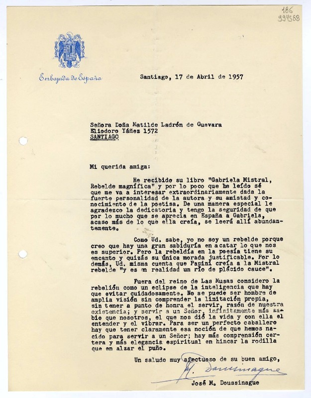 [Carta] 1957 abril 17, Santiago [a] Matilde Ladrón de Guevara, Santiago  [manuscrito] José M. Doussinague.