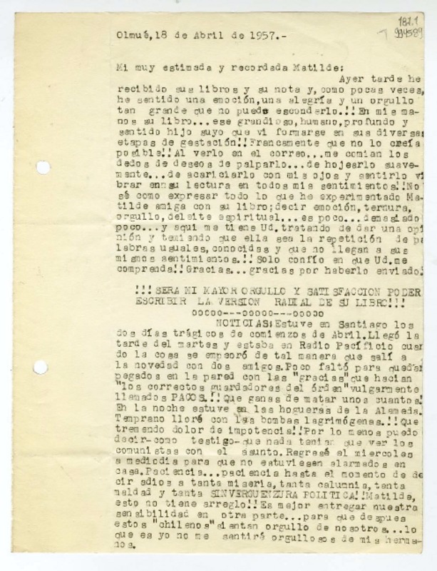 [Carta] 1957 abril 18, Olmué [a] Mi muy estimada y recordada Matilde  [manuscrito] Miguel Espinoza Miguens.