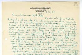 [Carta] 1957 mayo 2, Montevideo [a] Queridísima Matilde [Ladrón de Guevara]  [manuscrito] Hugo Emilio [Pedemonte].