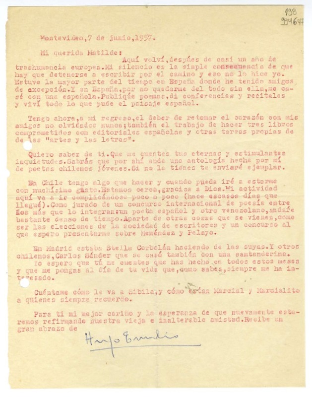 [Carta] 1957 junio 7, Montevideo [a] Mi querida Matilde [Ladrón de Guevara]  [manuscrito] Hugo Emilio [Pedemonte].