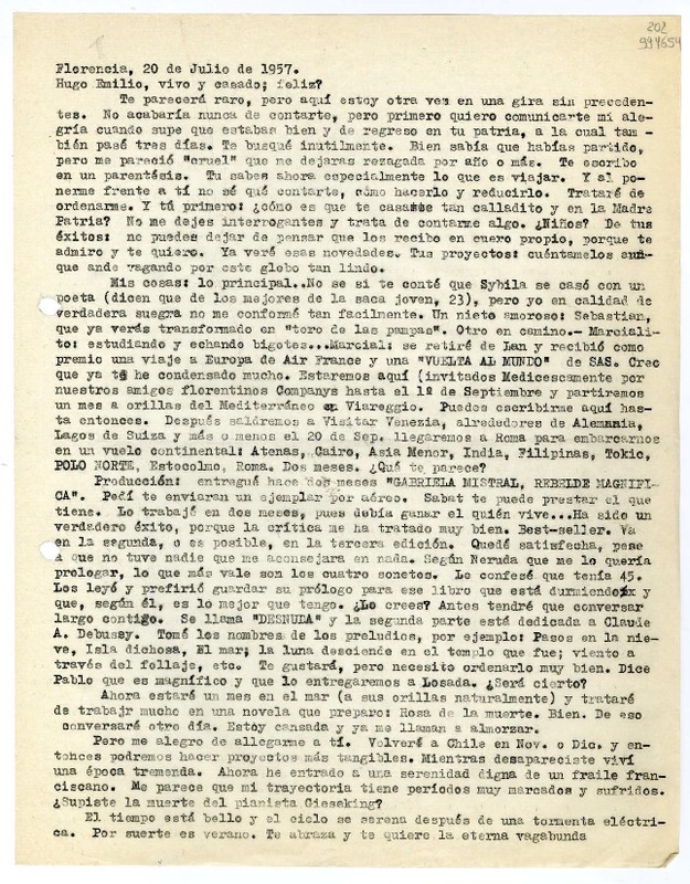 [Carta] 1957 julio 20, Florencia [a] Hugo Emilio [Pedemonte]  [manuscrito] [Matilde Ladrón de Guevara].