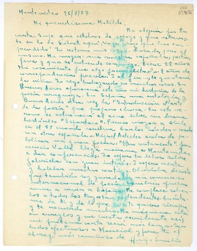 [Carta] 1957 julio 26, Montevideo [a] Mi queridísima Matilde [Ladrón de Guevara]  [manuscrito] Hugo Emilio [Pedemonte].
