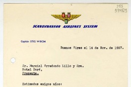 [Carta] 1957 noviembre 14, Buenos Aires [a] Marcial Arredondo Lillo y Sra., Hotel Dorá  [manuscrito] Stig Wibom.