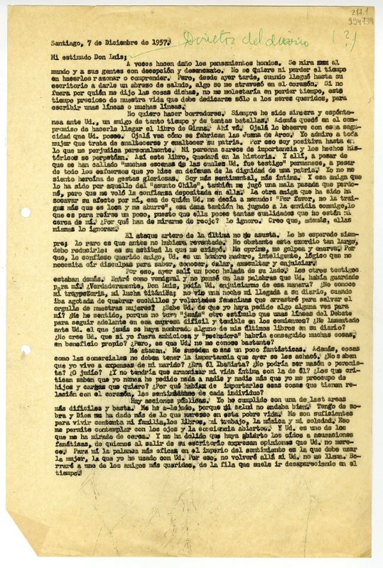[Carta] 1957 diciembre 7, Santiago [a] Mi estimado Don Luis  [manuscrito] Matilde Ladrón de Guevara.