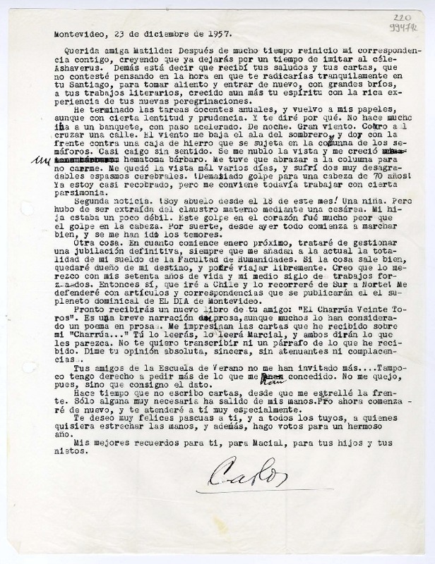 [Carta] 1957 diciembre 23, Montevideo [a] Querida amiga Matilde  [manuscrito] Carlos [Sabat Ercasty].