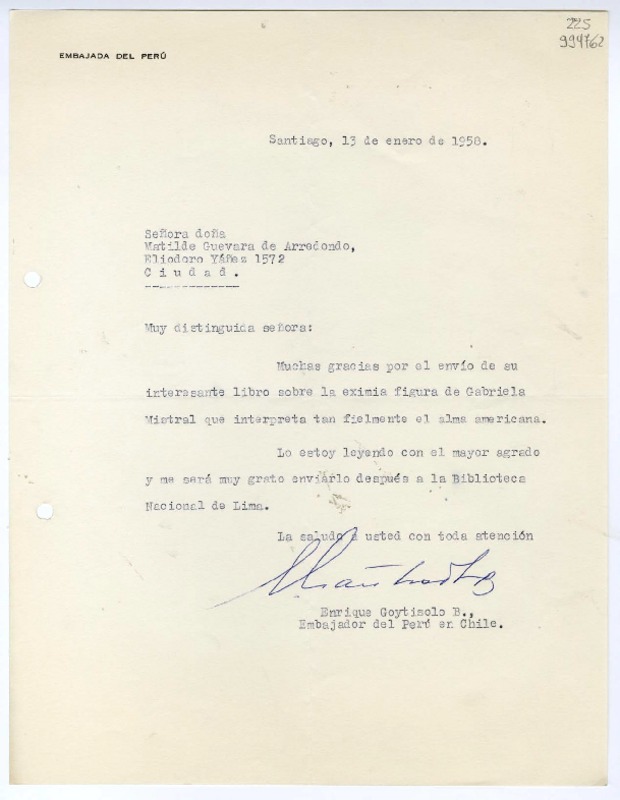 [Carta] 1958 enero 13, Santiago [a] Matilde Guevara de Arredondo  [manuscrito] Enrique Goytisolo B.