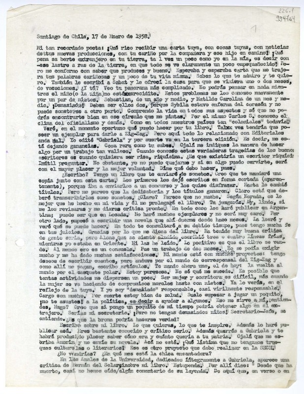 [Carta] 1958 enero 17, Santiago de Chile [a] Mi tan recordado poeta  [manuscrito] Matilde [Ladrón de Guevara].