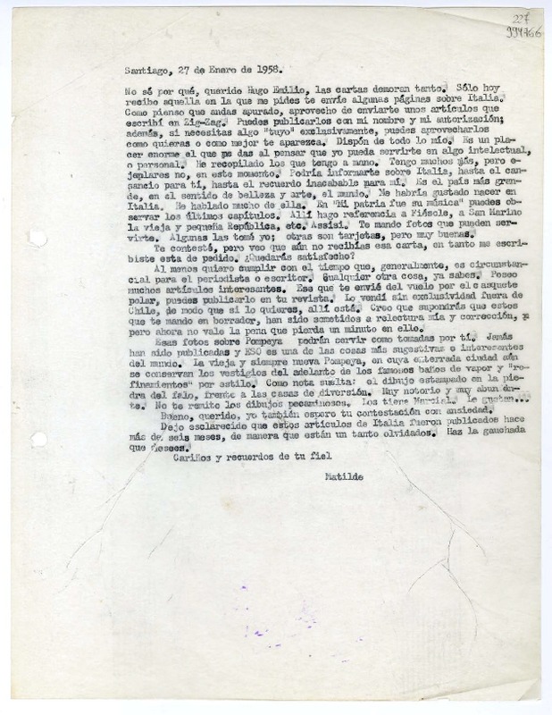[Carta] 1958 enero 27, Santiago [a] querido Hugo Emilio  [manuscrito] Matilde [Ladrón de Guevara].