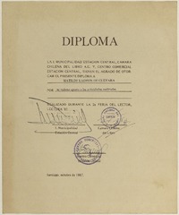 [Diploma] 1987 octubre, Santiago [a] Matilde Ladrón de Guevara  [manuscrito] Municipalidad de Estación Central.