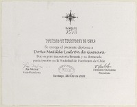 [Diploma] 2002 abril 30, Santiago [a] Matilde Ladrón de Guevara  [manuscrito] Sociedad de Escritores de Chile.