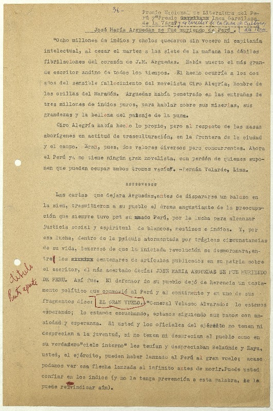 José María Arguedas se fue muriendo de Perú  [manuscrito] Matilde Ladrón de Guevara.