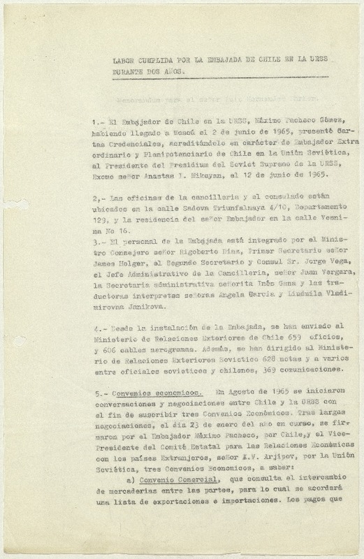 Labor cumplida por la Embajada de Chile en la URSS durante dos años  [manuscrito] Máximo Pacheco Gómez.