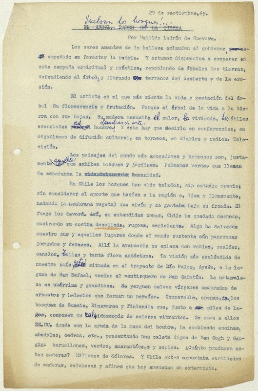 Vuelvan los bosques  [manuscrito] por Matilde Ladrón de Guevara.