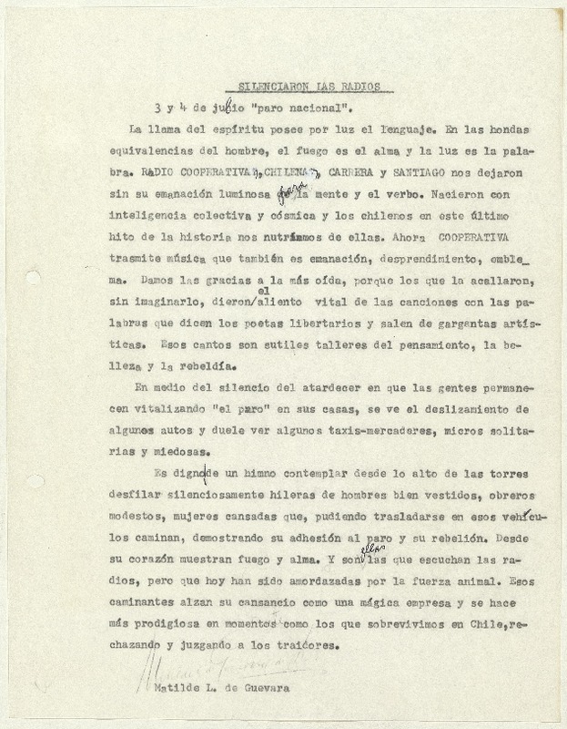 Silenciaron las radios  [manuscrito] Matilde Ladrón de Guevara.