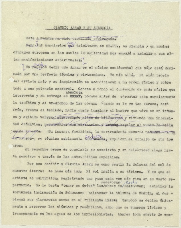 Claudio Arrau y su ausencia  [manuscrito] Matilde Ladrón de Guevara.