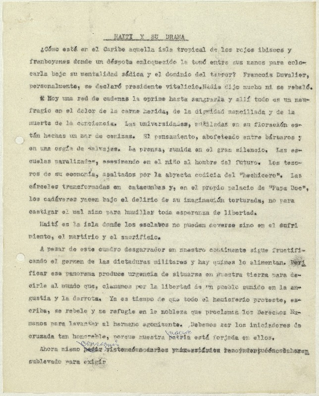 Haití y su drama  [manuscrito] Matilde Ladrón de Guevara.