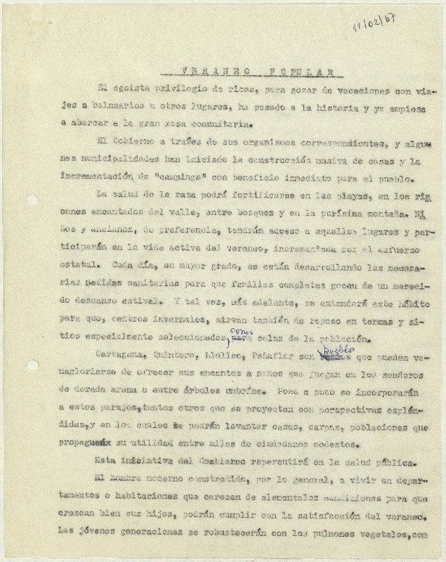 Veraneo popular  [manuscrito] Matilde Ladrón de Guevara.