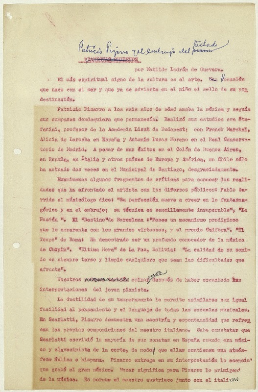 Patricio Pizarro y el embrujo del teclado  [manuscrito] Matilde Ladrón de Guevara.