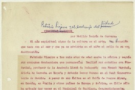 Patricio Pizarro y el embrujo del teclado  [manuscrito] Matilde Ladrón de Guevara.